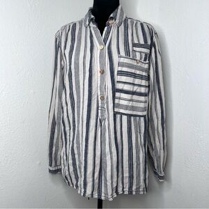 We The Free Womens Summer Breeze Stripe Button Down Shirt XS Ivory Blue Linen